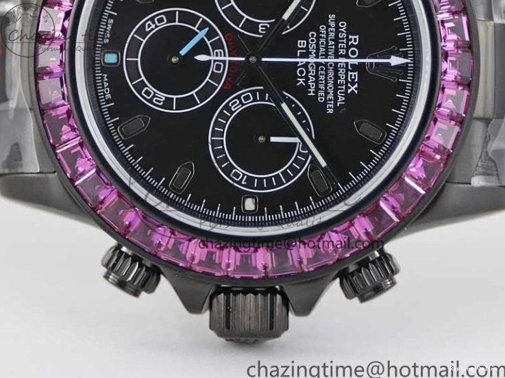 0223 Daytona All Black PVD TWF Best Edition Purple Diamonds Bezel Black Dial on PVD Bracelet SA Lightweight 2446